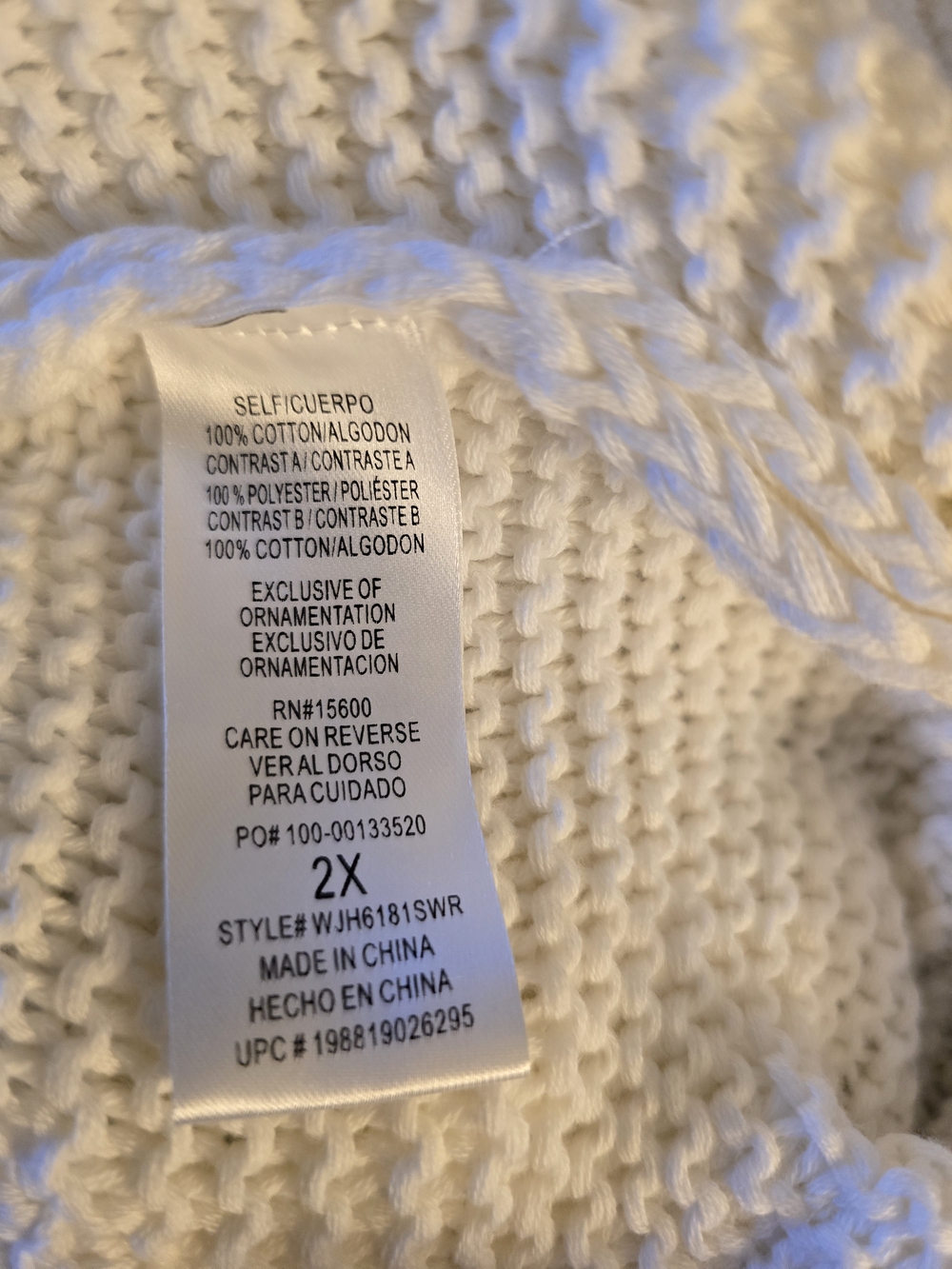 Democracy White V-Neck Crochet Sleeve Sweater 2X NWT - Picture 5 of 6
